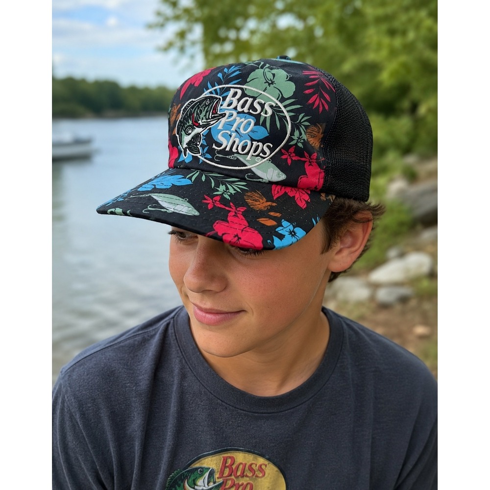 Bass Pro Shops Kids Floral Fishing Lure Trucker Hat Black Mesh Snapback Cap